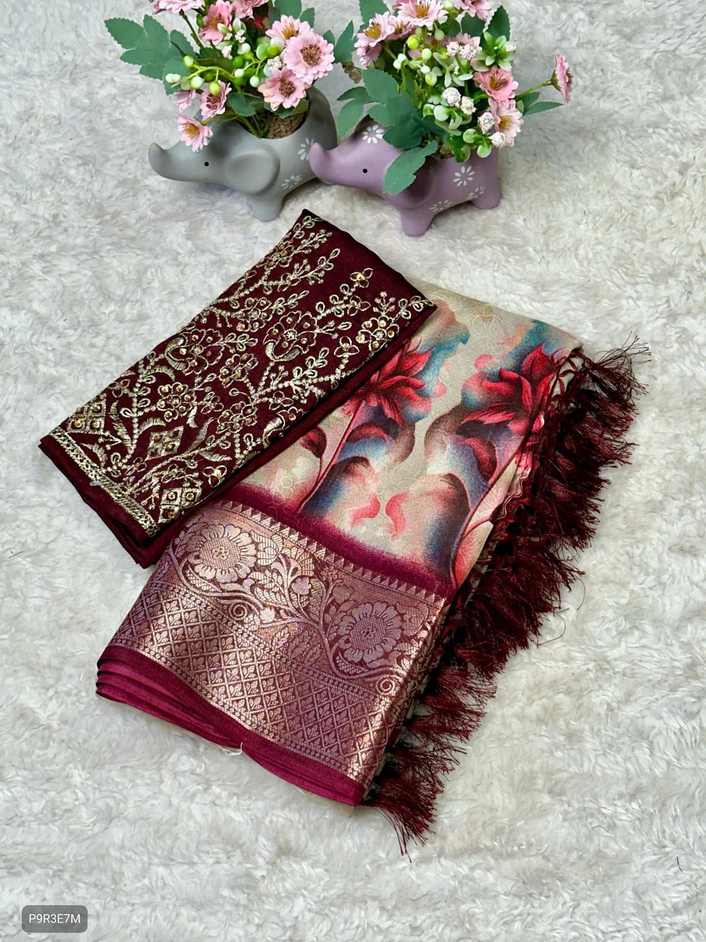 Dola Silk Saree with Floral Print, Jacquard Border & Embroidered Stone Work Blouse