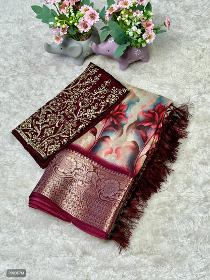 Dola Silk Saree with Floral Print, Jacquard Border & Embroidered Stone Work Blouse