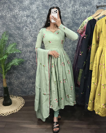 Dusty Green South Mull Chanderi Embroidered Anarkali Kurta with Dupatta