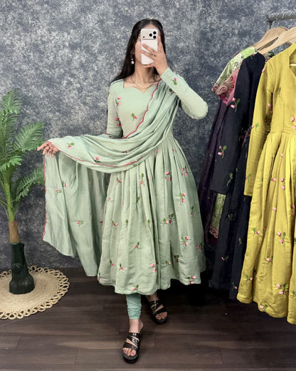 Dusty Green South Mull Chanderi Embroidered Anarkali Kurta with Dupatta