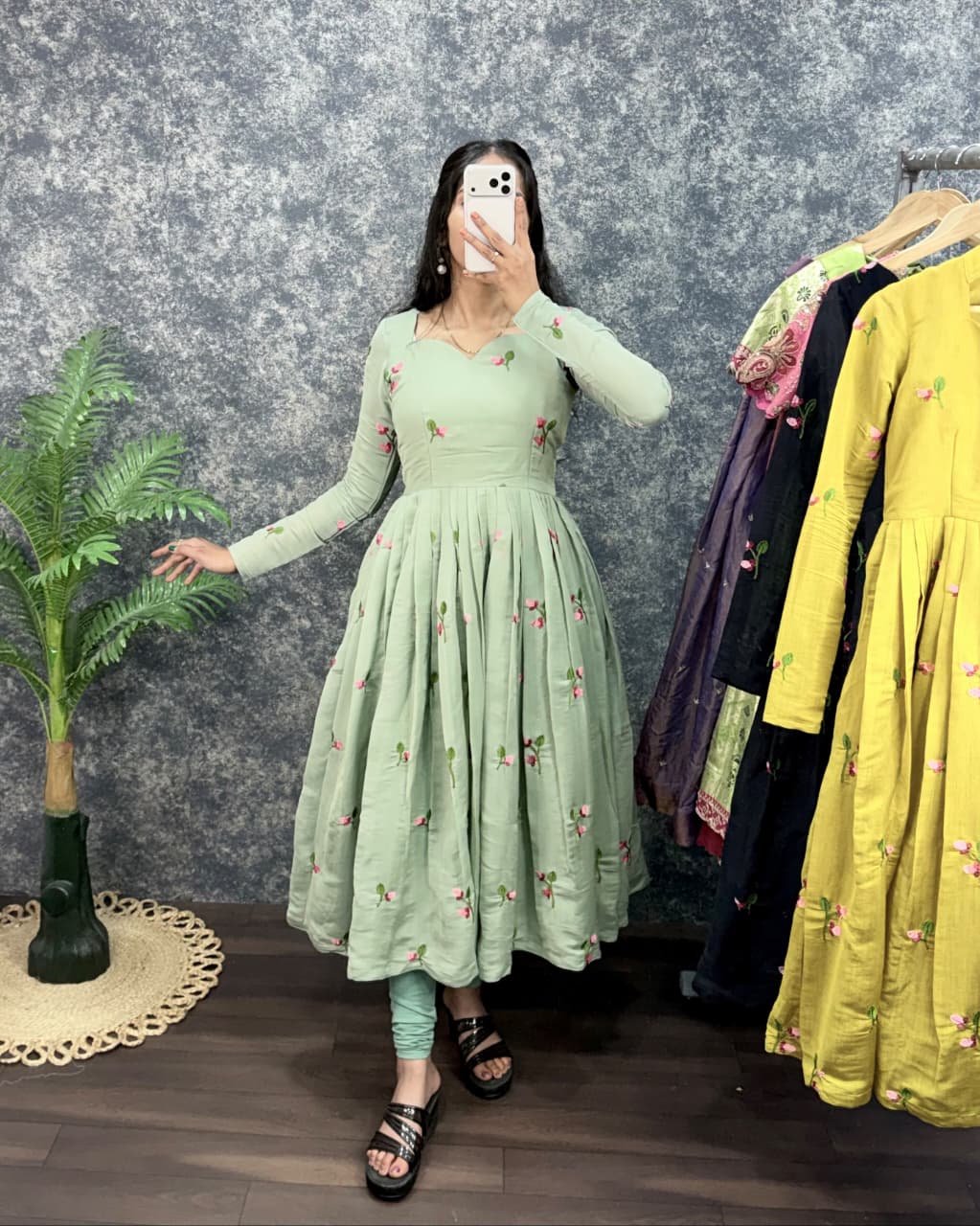 Dusty Green South Mull Chanderi Embroidered Anarkali Kurta with Dupatta
