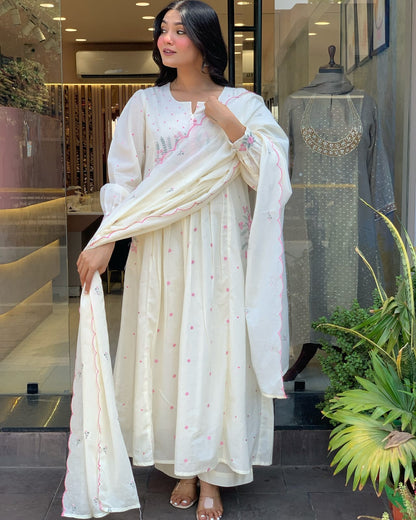 Dyed Cotton Kurti Pant Set with Embroidered Malmal Dupatta