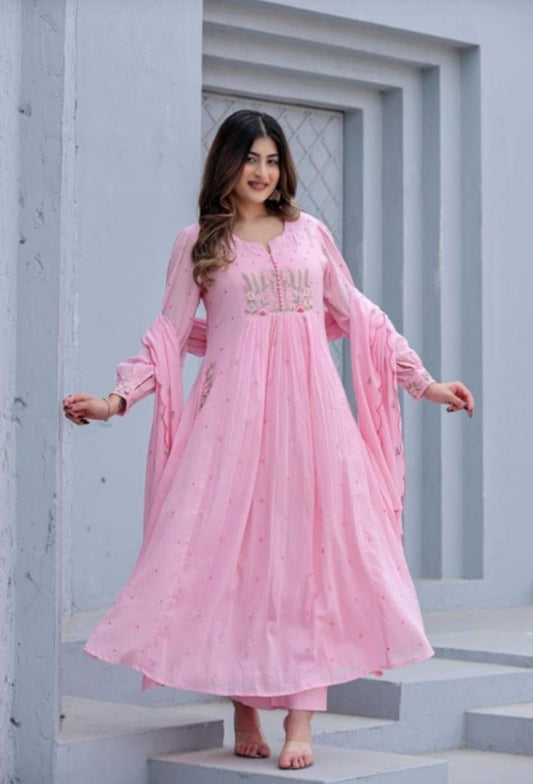 Dyed Cotton Kurti Pant Set with Embroidered Malmal Dupatta