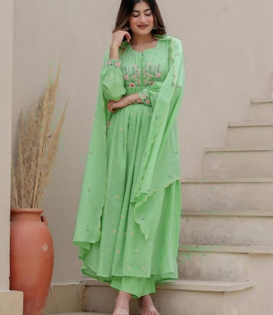 Dyed Cotton Kurti Pant Set with Embroidered Malmal Dupatta