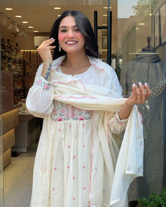 Dyed Cotton Kurti Pant Set with Embroidered Malmal Dupatta