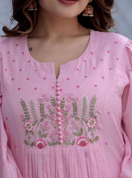 Dyed Cotton Kurti Pant Set with Embroidered Malmal Dupatta