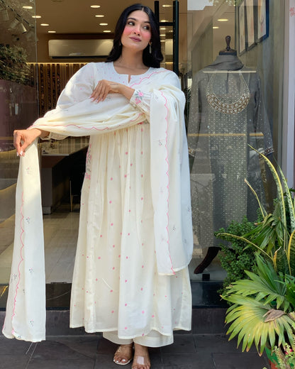 Dyed Cotton Kurti Pant Set with Embroidered Malmal Dupatta