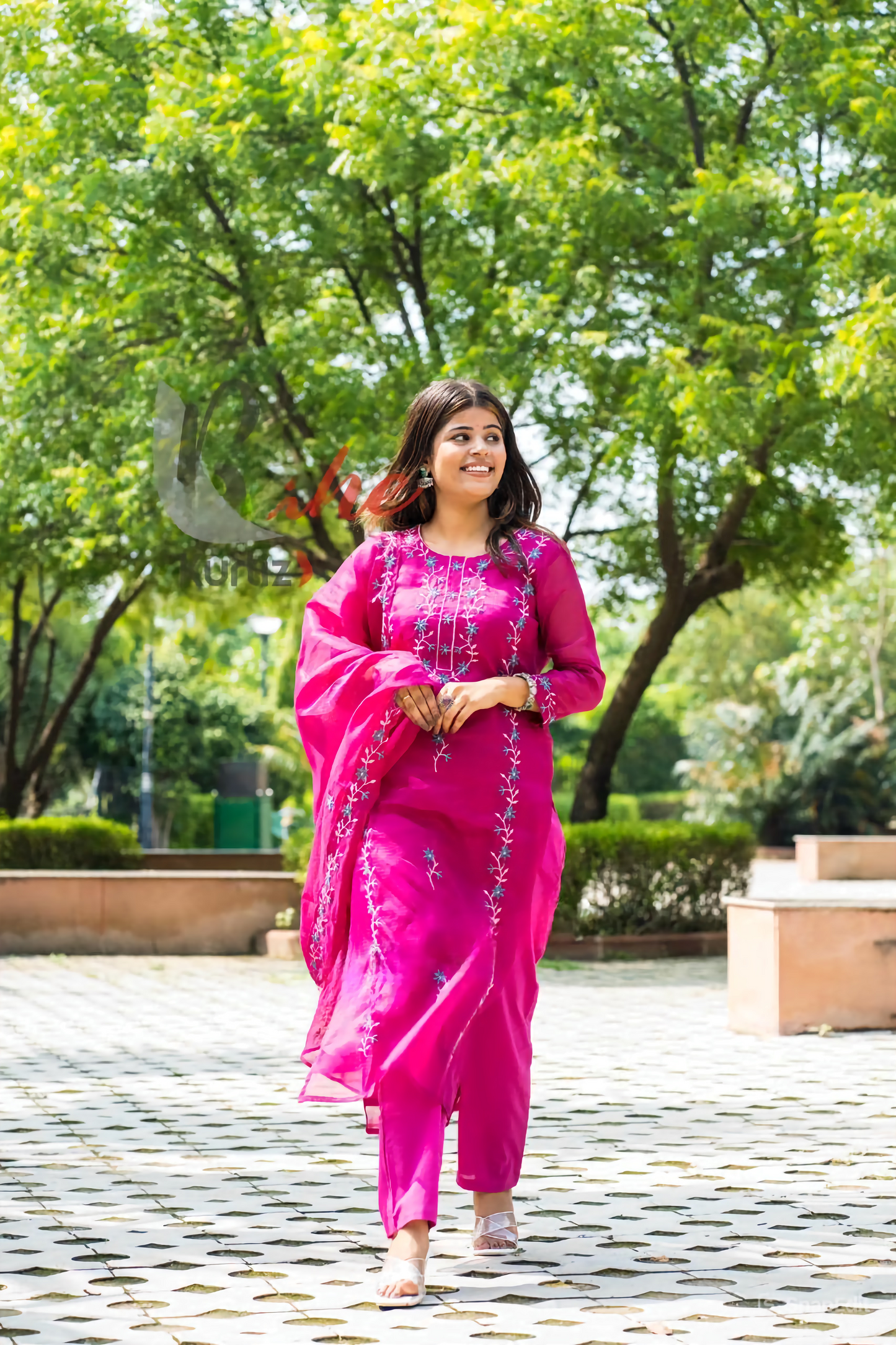 Embroidered Kota Doria Kurti Set with Cotton Pant and Dupatta