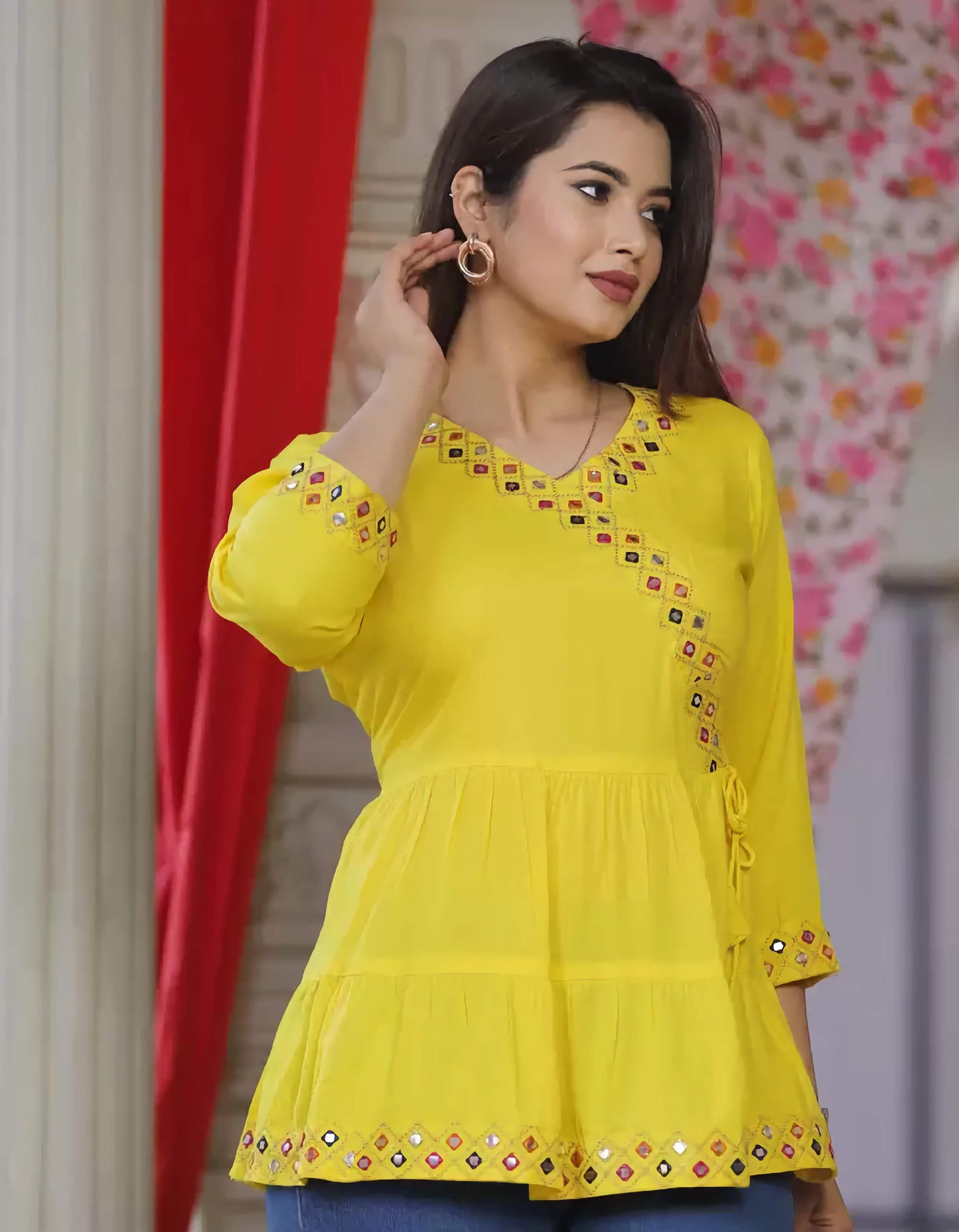 Yellow Rayon Top with Embroidery