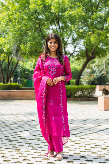 Embroidered Kota Doria Kurti Set with Cotton Pant and Dupatta