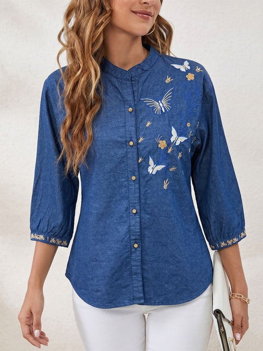Embroidered Blue Denim Shirt with Butterfly & Floral Work