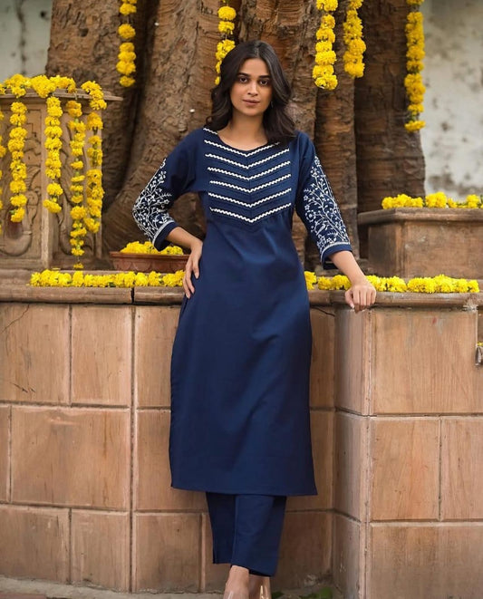 Embroidered Cotton 60x60 Kurta Pant Set