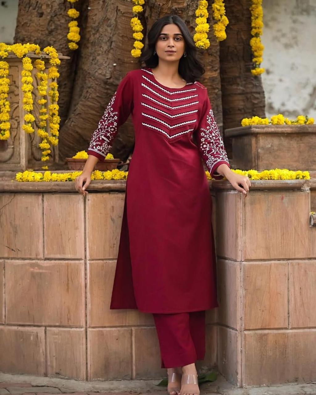 Embroidered Cotton 60x60 Kurta Pant Set
