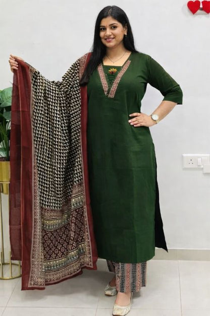 Embroidered Cotton 60x60 Kurta Pant with Dupatta Set
