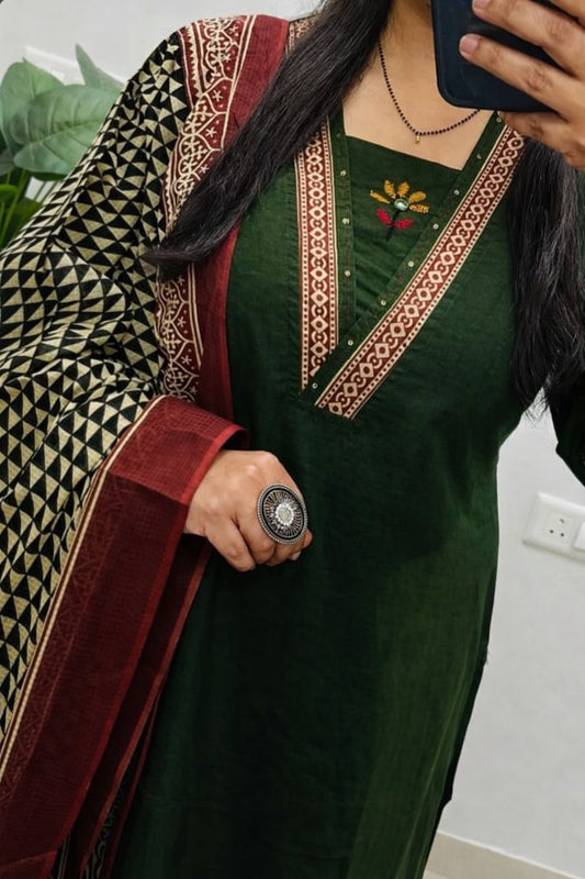 Embroidered Cotton 60x60 Kurta Pant with Dupatta Set