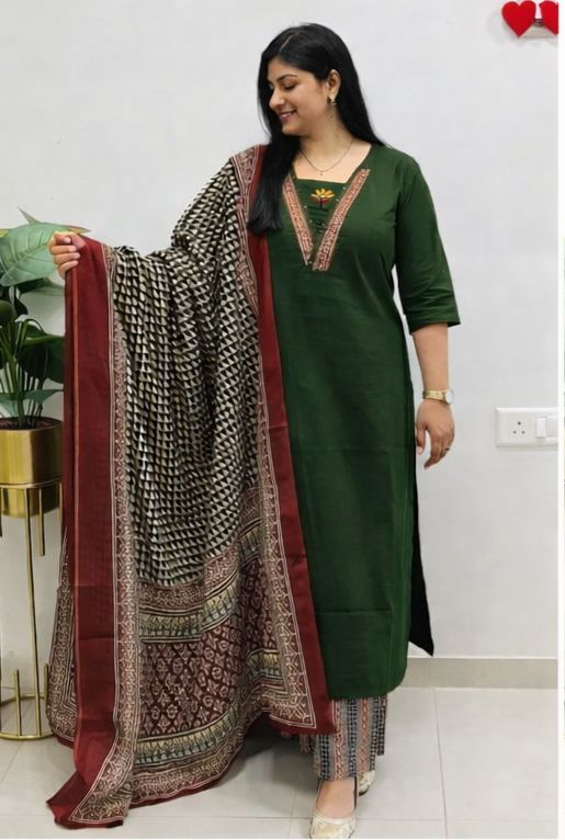 Embroidered Cotton 60x60 Kurta Pant with Dupatta Set