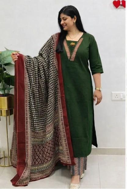 Embroidered Cotton 60x60 Kurta Pant with Dupatta Set