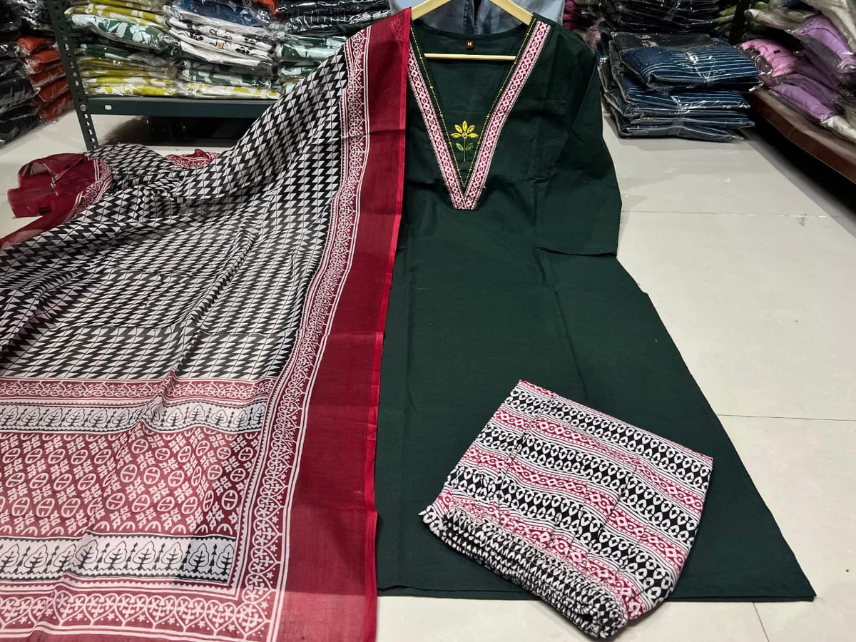 Embroidered Cotton 60x60 Kurta Pant with Dupatta Set