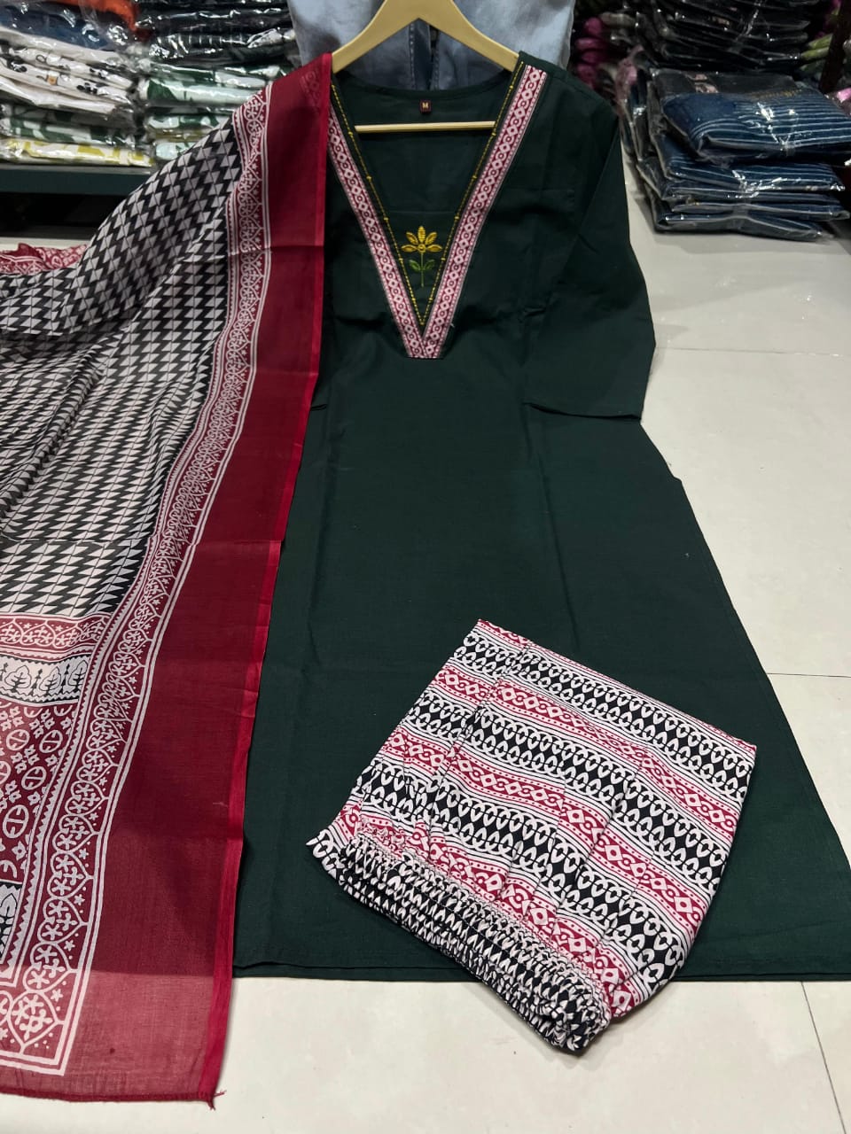 Embroidered Cotton 60x60 Kurta Pant with Dupatta Set