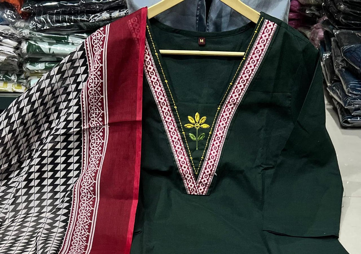Embroidered Cotton 60x60 Kurta Pant with Dupatta Set