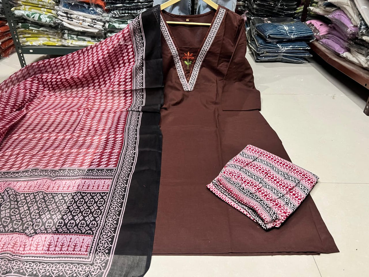 Embroidered Cotton 60x60 Kurta Pant with Dupatta Set