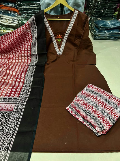 Embroidered Cotton 60x60 Kurta Pant with Dupatta Set