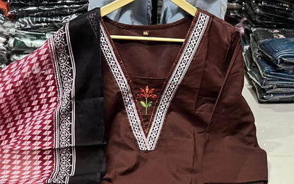 Embroidered Cotton 60x60 Kurta Pant with Dupatta Set
