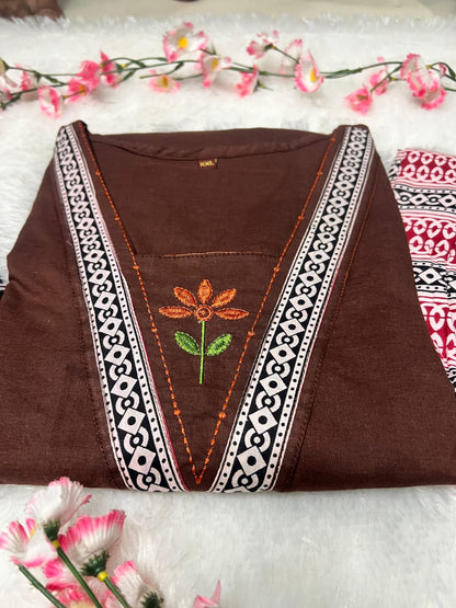 Embroidered Cotton 60x60 Kurta Pant with Dupatta Set