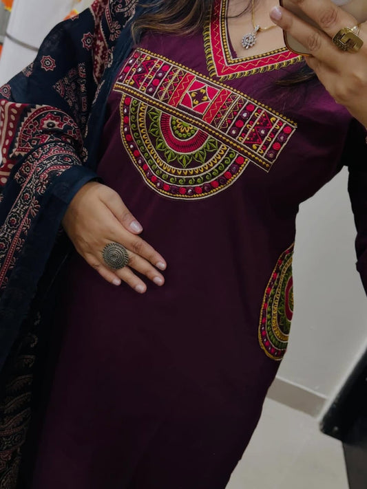 Embroidered Cotton 60x60 Kurti Pant Dupatta Suit Set