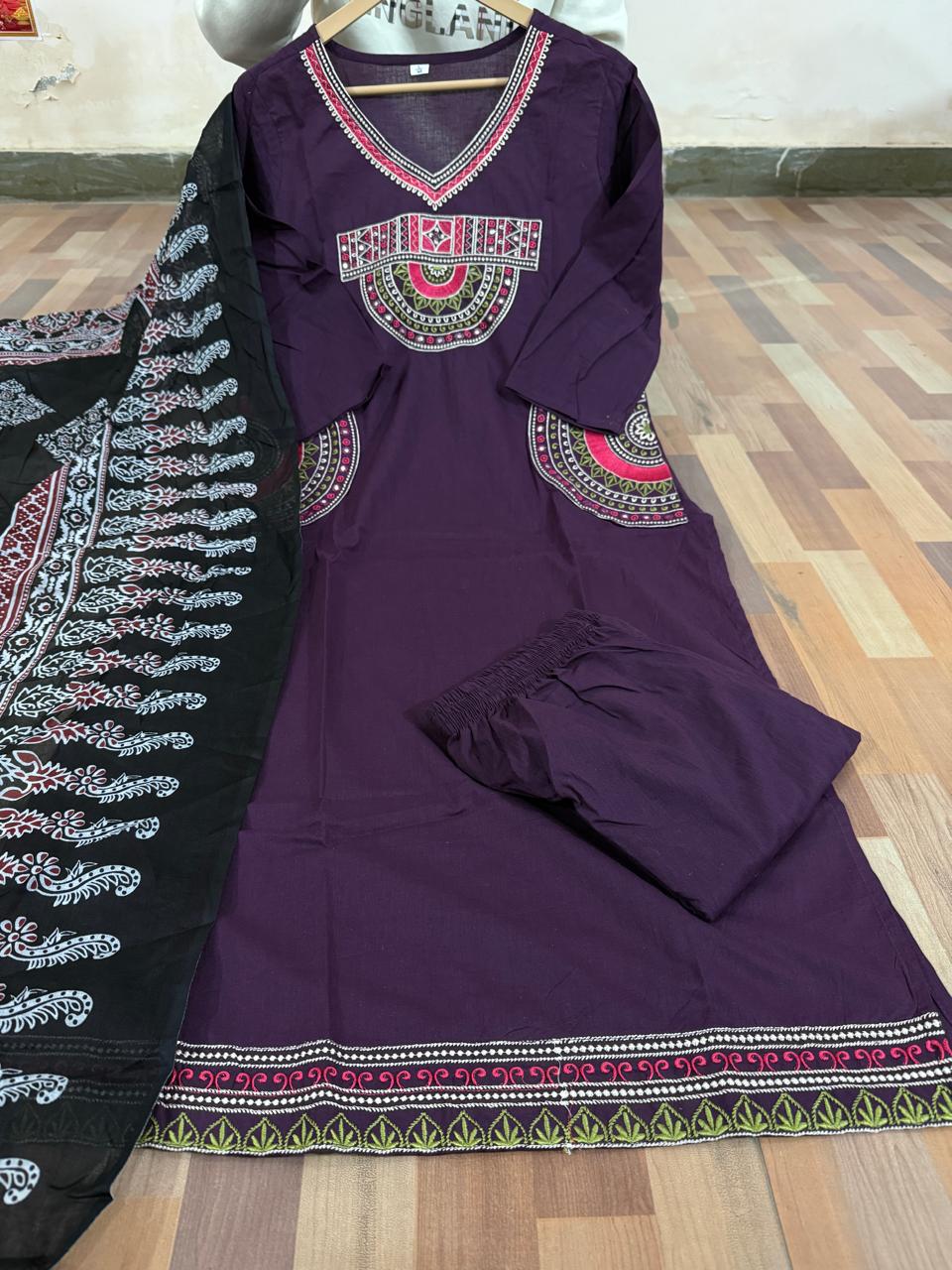 Embroidered Cotton 60x60 Kurti Pant Dupatta Suit Set