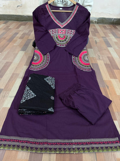 Embroidered Cotton 60x60 Kurti Pant Dupatta Suit Set