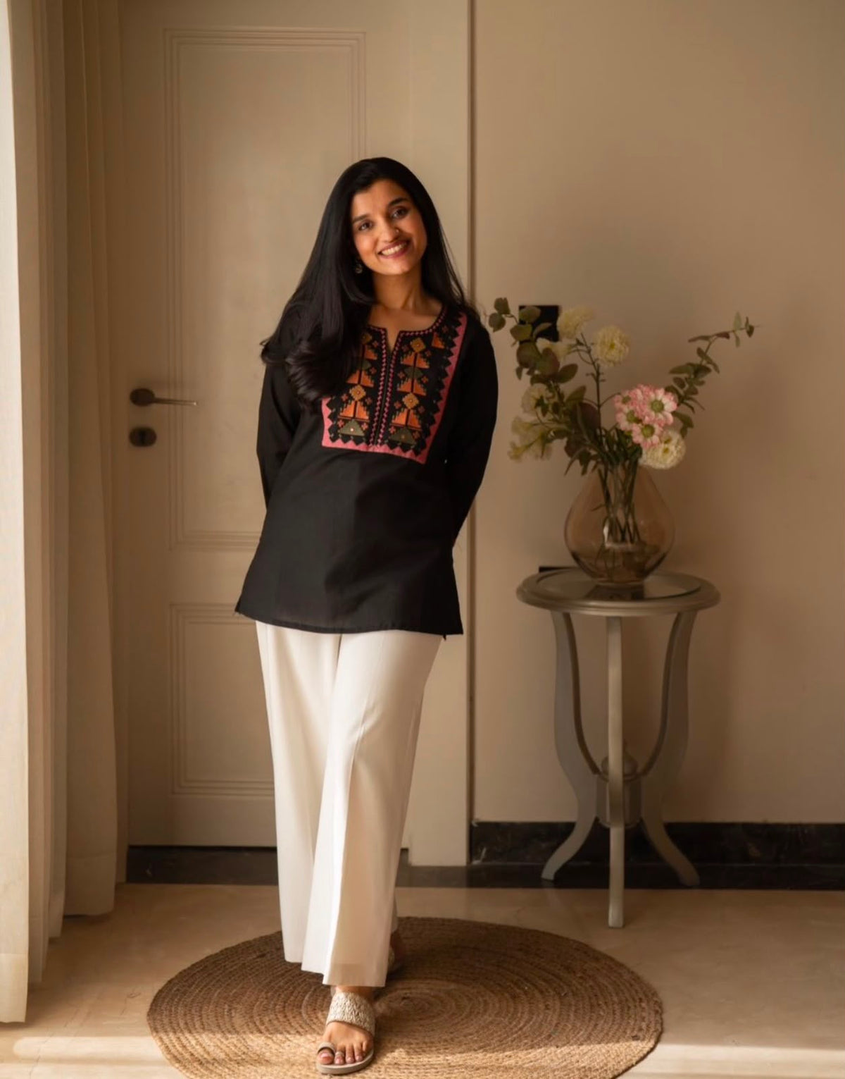 Embroidered Cotton Cord Set with Yoke & Sleeve Work