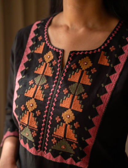 Embroidered Cotton Cord Set with Yoke & Sleeve Work