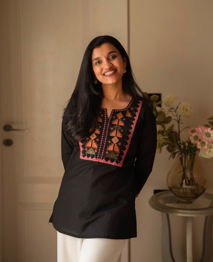 Embroidered Cotton Cord Set with Yoke & Sleeve Work
