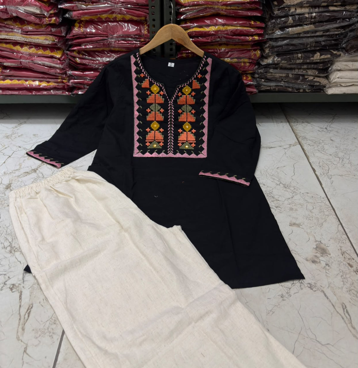 Embroidered Cotton Cord Set with Yoke & Sleeve Work