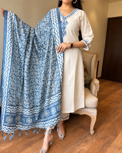 Embroidered Cotton Flex Kurta Pant Set with Silk Dupatta