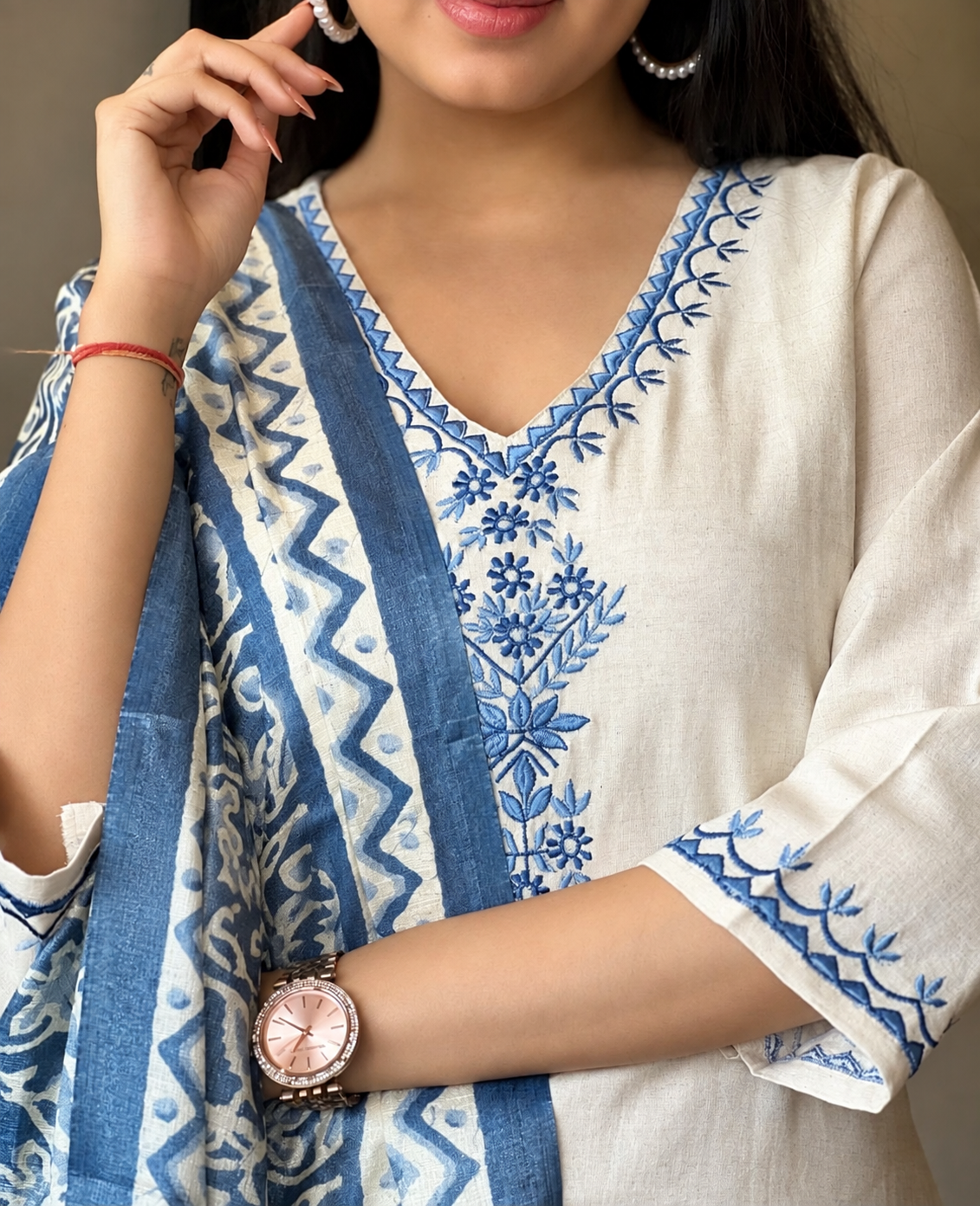 Embroidered Cotton Flex Kurta Pant Set with Silk Dupatta