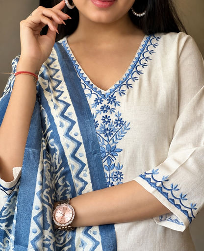 Embroidered Cotton Flex Kurta Pant Set with Silk Dupatta