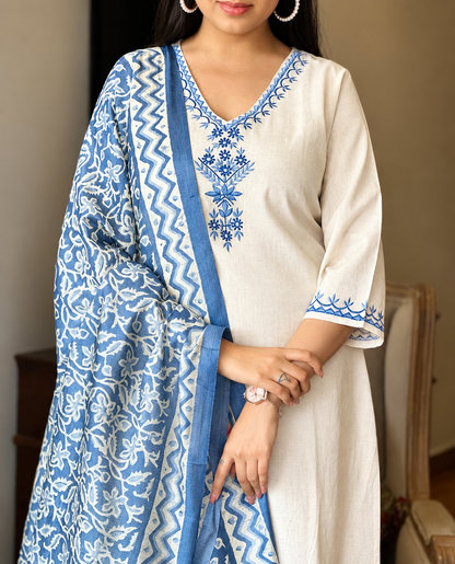 Embroidered Cotton Flex Kurta Pant Set with Silk Dupatta