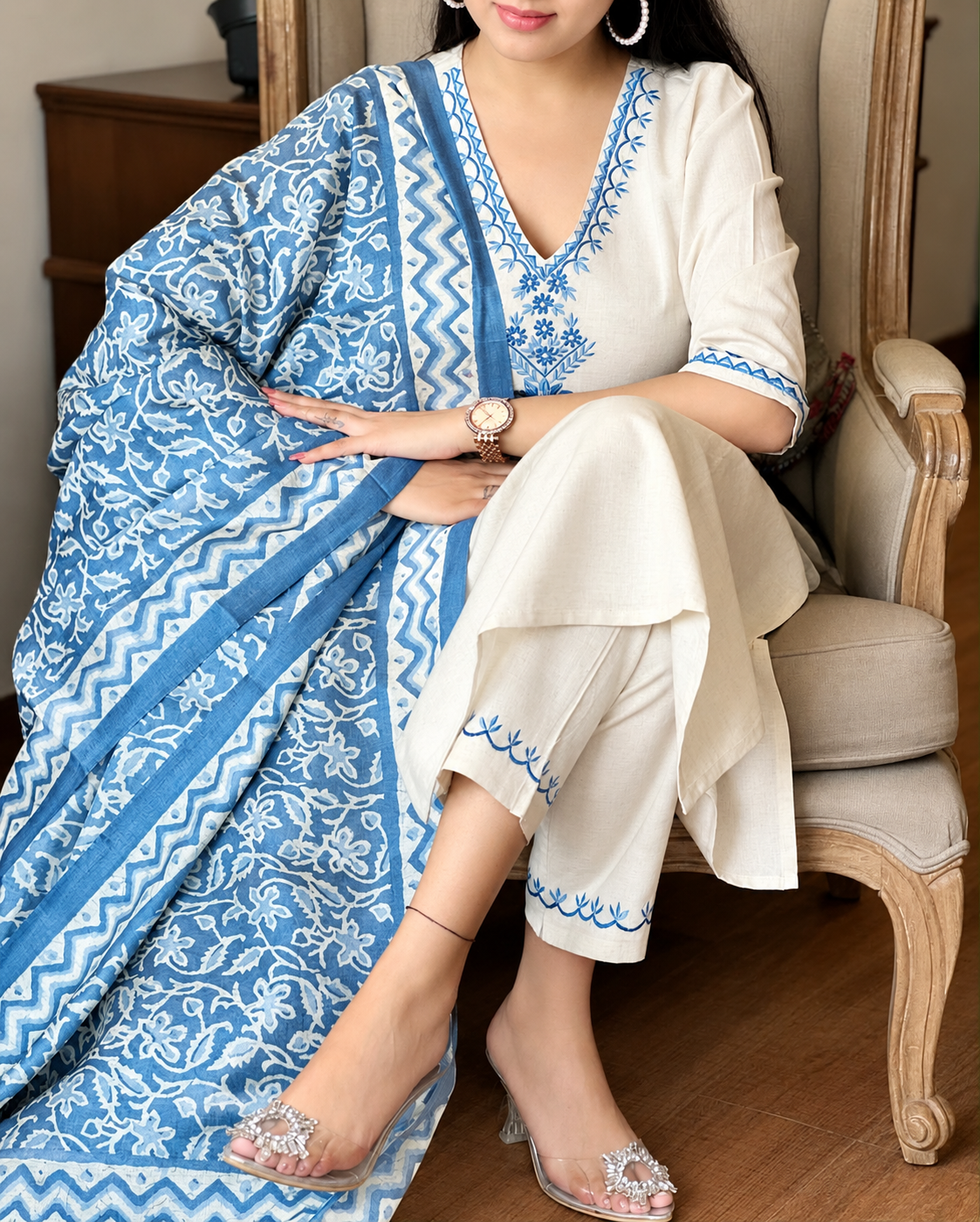 Embroidered Cotton Flex Kurta Pant Set with Silk Dupatta
