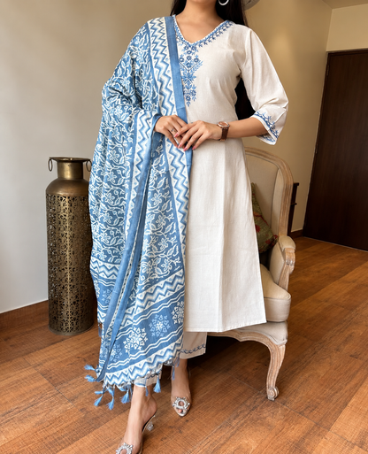 Embroidered Cotton Flex Kurta Pant Set with Silk Dupatta