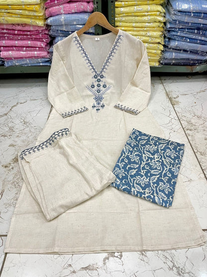 Embroidered Cotton Flex Kurta Pant Set with Silk Dupatta