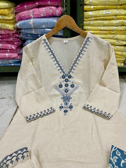 Embroidered Cotton Flex Kurta Pant Set with Silk Dupatta