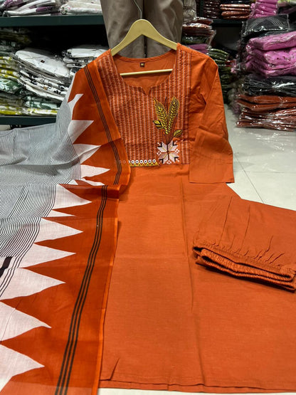 Embroidered Cotton Kurta Pant Set with Printed Dupatta & Pocket