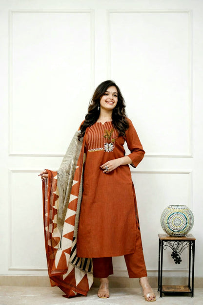 Embroidered Cotton Kurta Pant Set with Printed Dupatta & Pocket