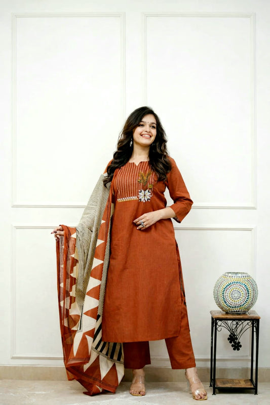 Embroidered Cotton Kurta Pant Set with Printed Dupatta & Pocket