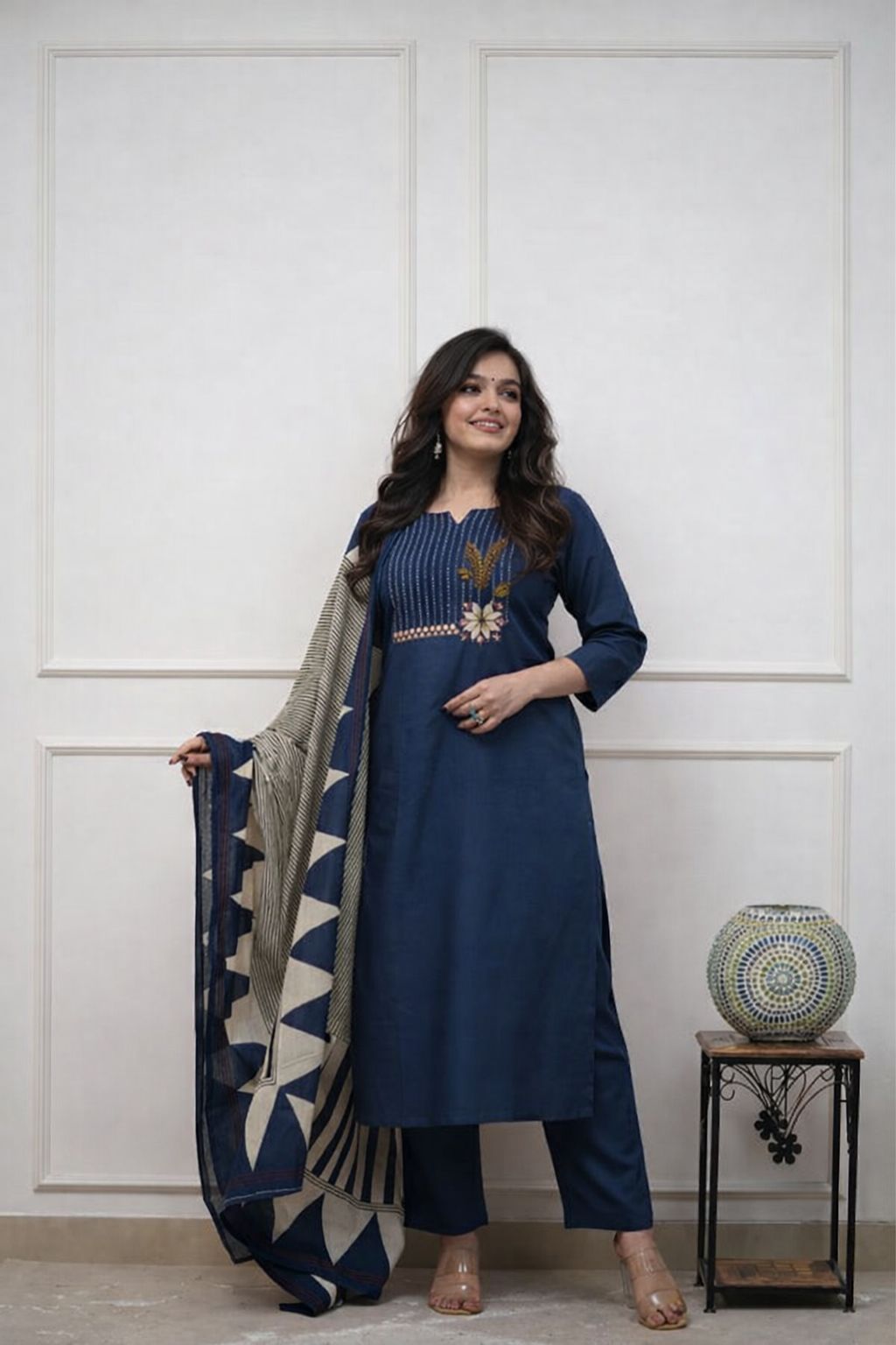 Embroidered Cotton Kurta Pant Set with Printed Dupatta & Pocket