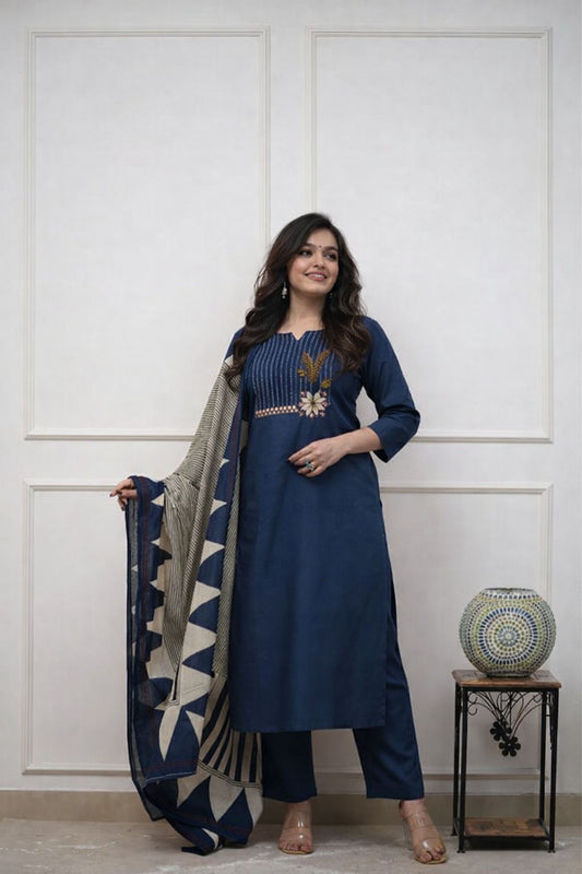 Embroidered Cotton Kurta Pant Set with Printed Dupatta & Pocket