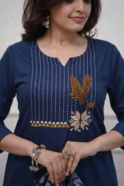 Embroidered Cotton Kurta Pant Set with Printed Dupatta & Pocket