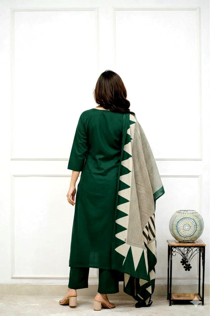 Embroidered Cotton Kurta Pant Set with Printed Dupatta & Pocket